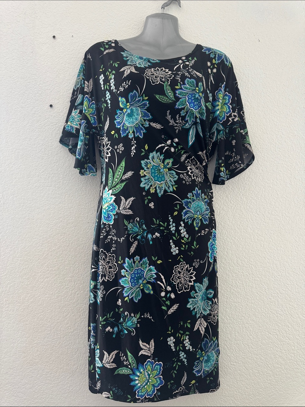 Robbie Bee Black Floral Midi Dress with Teal & Blue Blooms